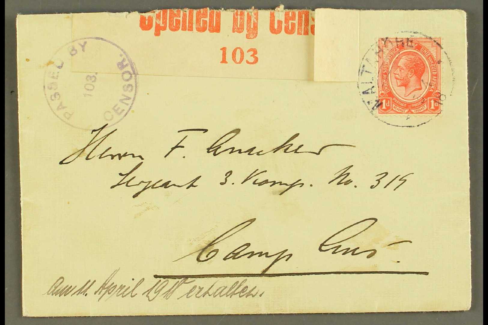 1918  (3 Apr) Cover Addressed To "Camp Aus" Bearing 1d Union Stamp Tied By Fine "MALTAHOHE" Cds Postmark, Putzel Type B2 - Other & Unclassified