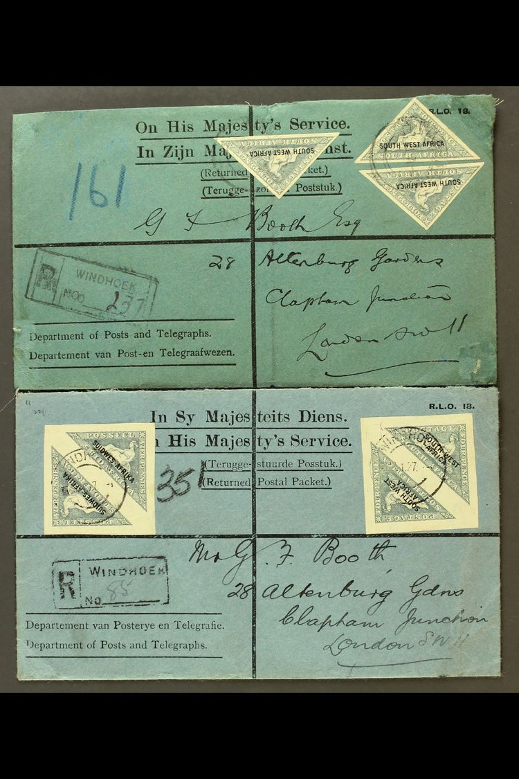 1927  Pair Of OHMS Printed Covers To The UK With WINDHOEK Registration Cachets; One Bearing Imperf 4d Triangular Pairs ( - Other & Unclassified