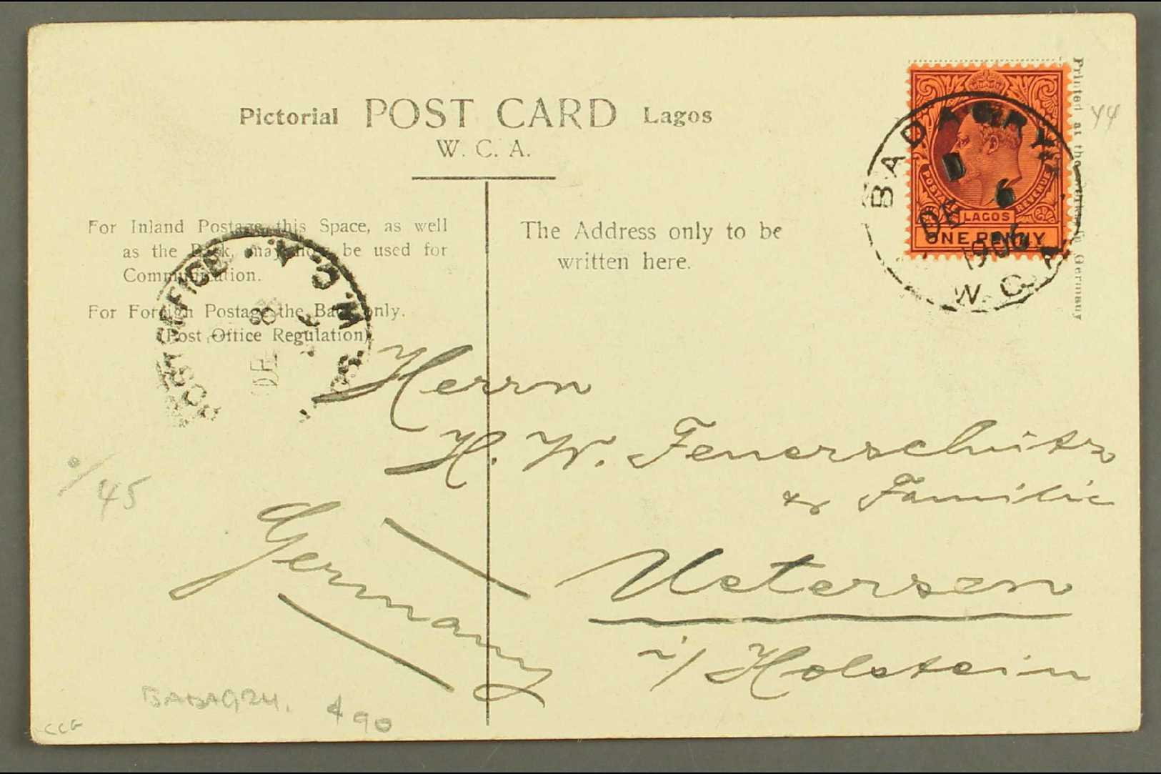 1906  Ppc To Germany Of A Wealthy Local Being Born In A Litter, Franked Ed VII Lagos 1d Cancelled Neat Badogry WCA Cds. - Other & Unclassified