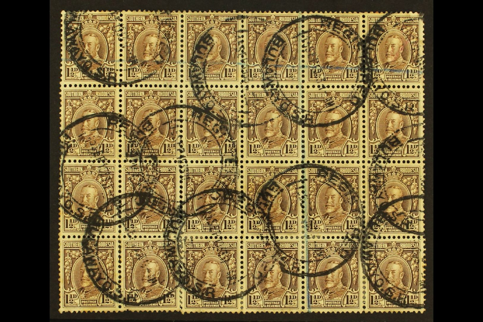 1931-7  1½d Chocolate, Perf.11½, Block Of 24, SG 16d, Genuinely Used With 1933 "REGISTRATION / BULAWAYO S.R." Cancels An - Other & Unclassified