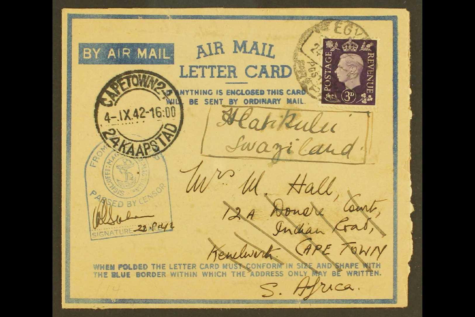 1942  Incoming Censored Air Mail Letter Card From Allied Forces In Egypt, Originally Addressed To Cape Town And Redirect - Other & Unclassified