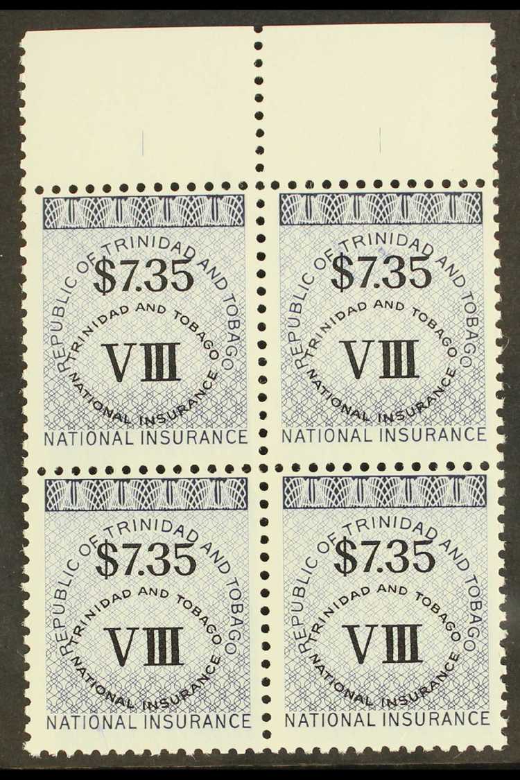 REVENUES  NATIONAL INSURANCE 1990 $7.35 Class VIII Error In Dark Blue, Barefoot 14, Never Hinged Mint BLOCK OF 4. For Mo - Other & Unclassified