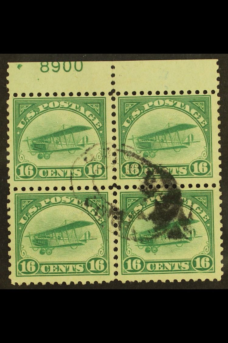 1918  AIR 16c Green "Curtiss Jenny", Sc C2, Fine Used Upper Marginal BLOCK OF FOUR With Plate Number. For More Images, P - Other & Unclassified