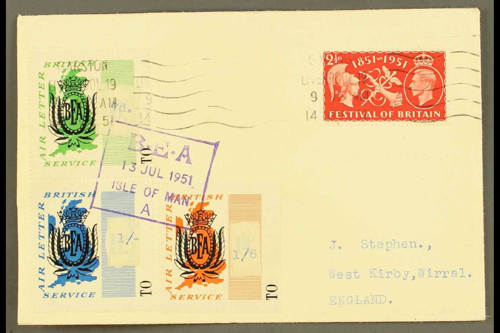 1951 B.E.A. AIR LETTER LOCAL SURCHARGES  1951 (13 July) Cover From Isle Of Man To West Kirby Bearing B.E.A. 6d, 11d And - Other & Unclassified