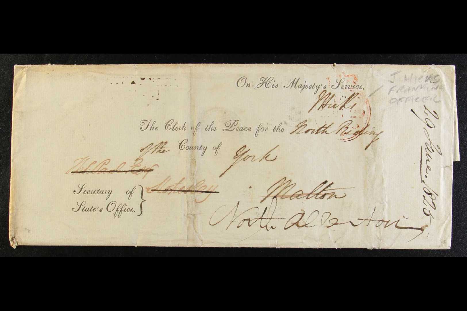 1825 O.H.M.S.PRINTED WRAPPER - SECRETARY OF STATE'S OFFICE, CLERK OF THE PEACE  Addressed To Clerk Of The Peace For Nort - Other & Unclassified