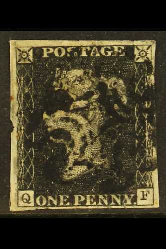 1840  1d Black 'QF' RARE PLATE XI, SG 2, Used With 4 Margins & Black MC Cancellation, Small Thin In Margin At Left Clear - Other & Unclassified