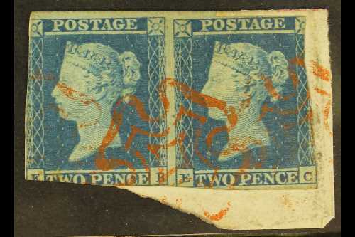 1841  2d Blue PAIR 'EB-EC' (plate 3), Cancelled By RED MALTESE CROSS Cancellations, SG 14e, Tied To Small Piece. One Of - Other & Unclassified