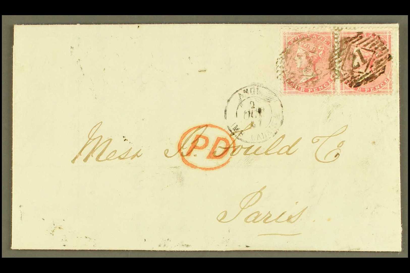 1857  (Oct) Neat Entire Letter To Paris, Bearing Horizontal Pair Of 4d Rose, SG 66, Tied By "21" London Cancels, Transit - Other & Unclassified