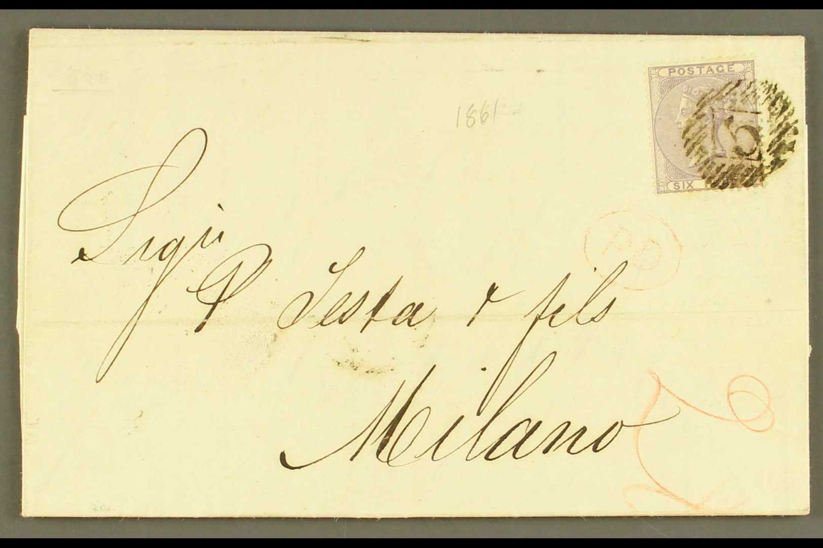 1861  (March) Neat Entire Letter To Italy, Bearing Single 6d Lilac, SG 70, Tied By London "5" Cancel, Oval Framed "PD" A - Other & Unclassified