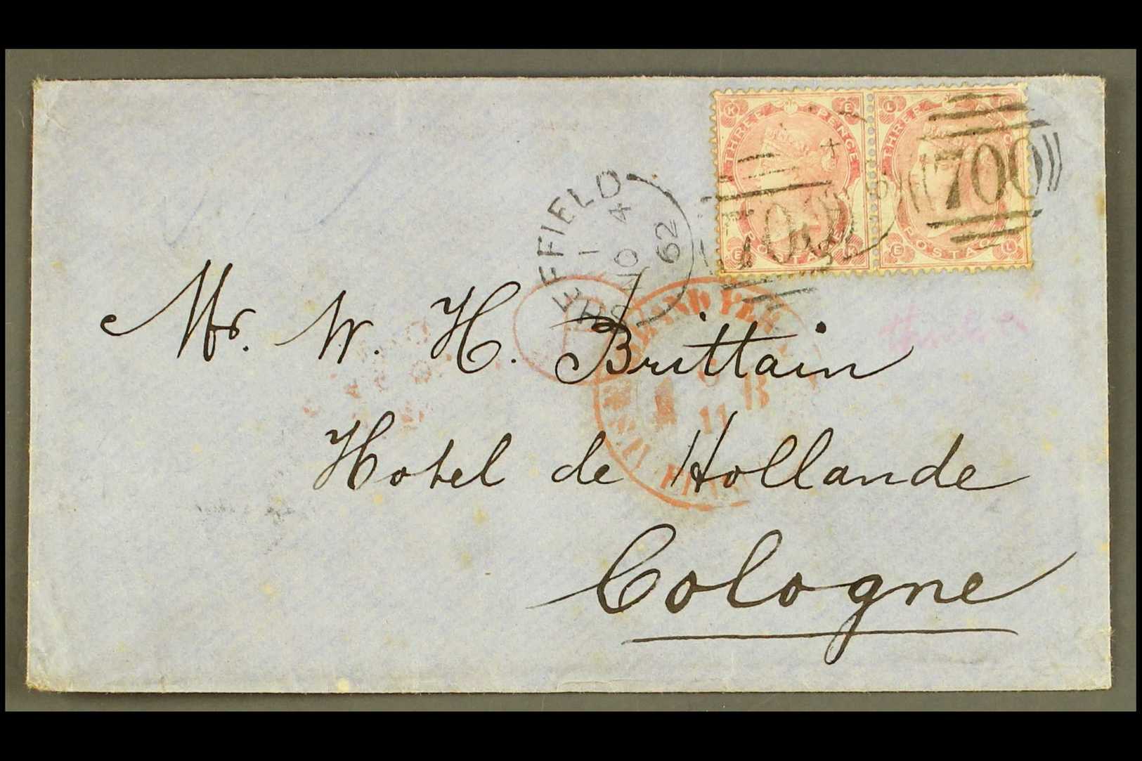 1862  (Nov) Envelope To Cologne, Bearing 3d Carmine Rose, SG 76 Pair, Tied By Sheffield Sideways Duplex, Transit And Arr - Other & Unclassified