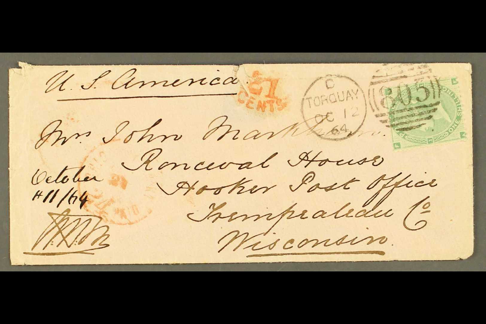 1864 1S GREEN FRANKING TO WISCONSIN, USA  (Oct) Neat Envelope, Bearing 1s Green, SG 90 Plate 1, Tied By Torquay Duplex, - Other & Unclassified