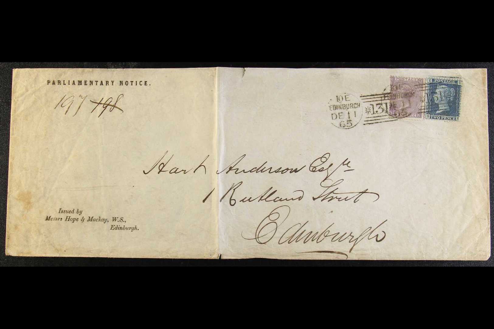 1865 PRINTED PARLIAMENTARY NOTICE ENVELOPE WITH 2D BLUE & 6D LILAC FRANKING  (Dec) Envelope (268 X106 Mm), Bearing 2d Pl - Other & Unclassified