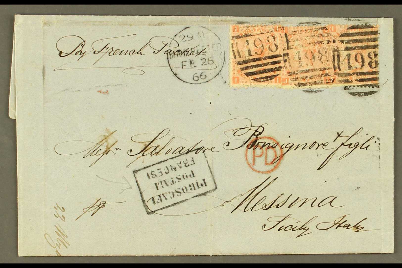 1866 12D FRANKING TO ITALY WITH PIROSCAFI MARKING  (Feb) Entire Letter To Messina, Sicily, Bearing 4d Vermilion SG 94 Pl - Other & Unclassified