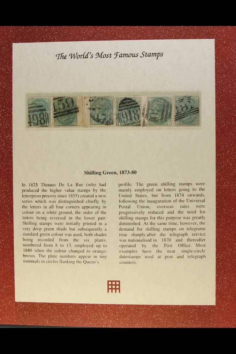 1873-80  1s Green (SG 50) Complete Set Of Six Plates (8 To 13) Used, In Special Folder With Westminster Certificate. (6 - Other & Unclassified