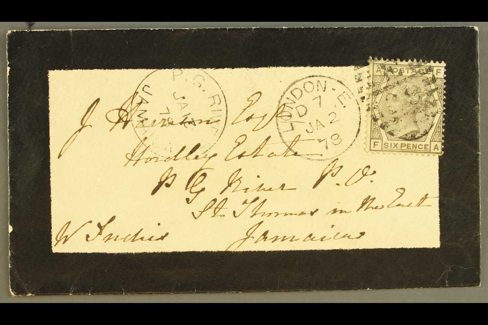 1878  (Jan 2) Mourning Envelope From London To Jamaica Bearing 6d Grey (SG 147), Plate 15, Tied By London E Duplex; Alon - Other & Unclassified