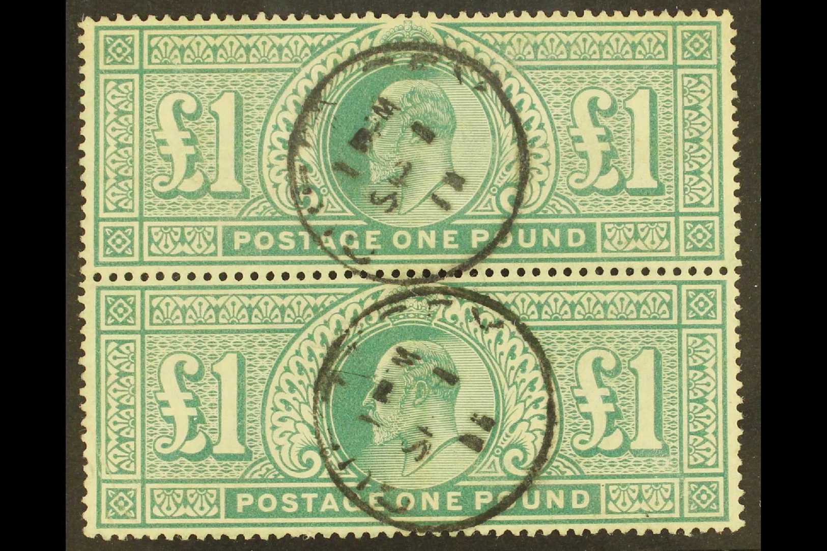 1902-10  £1 Dull Blue-green, De La Rue Printing, Vertical Pair, SG 266, Very Fine Used, GUERNSEY 1.9.11 C.d.s. Postmarks - Other & Unclassified