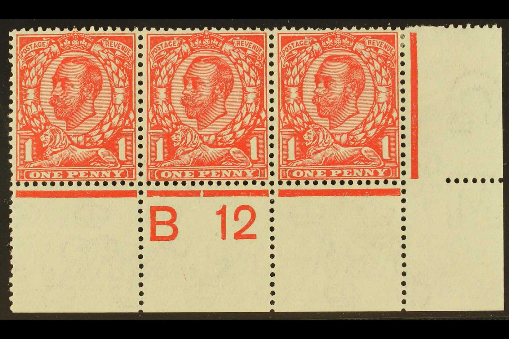 1912  1d Scarlet Wmk Royal Cypher Multiple Lower Right Corner CONTROL NUMBER 'B 12' STRIP Of 3, SG Spec N13 (w) 2A, Very - Other & Unclassified