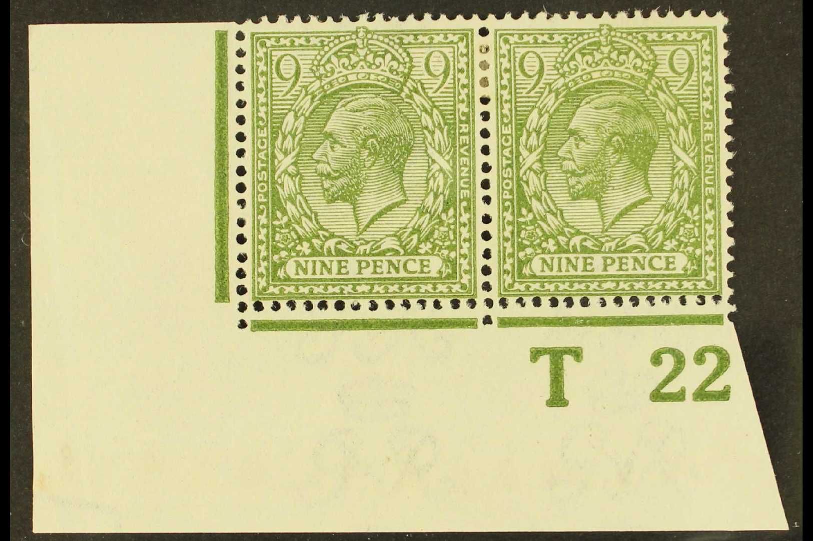 1912-24  9d Olive-green, SG 393a, Fine Mint Lower Left Corner CONTROL NUMBER 'T 22' PAIR Perf Type 2 (single Extension H - Other & Unclassified