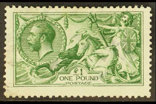 1913  £1 Green Waterlow Seahorse, SG 403, Very Lightly Cancelled Used. Centered High But Lovely Bright Colour. For More - Other & Unclassified