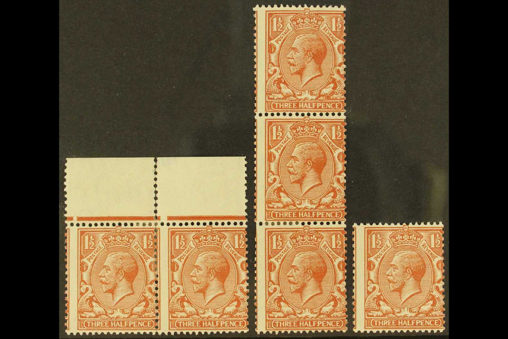 1924-26  1½d Red-brown, SG 420, Mint Top Marginal Pair, Vertical Strip Of 3 (crease) And A Single Stamp (NHM) All Showin - Other & Unclassified