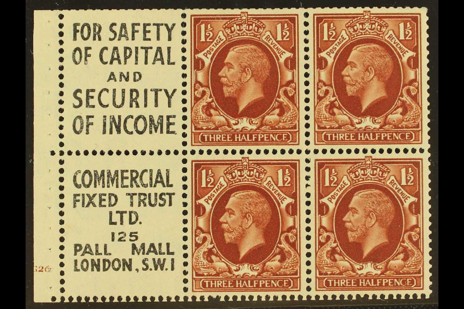 1934-36  1½d Red-brown Photogravure Complete BOOKLET PANE Of 6 With Four Stamps And Two Advertising Labels Printed In Bl - Other & Unclassified