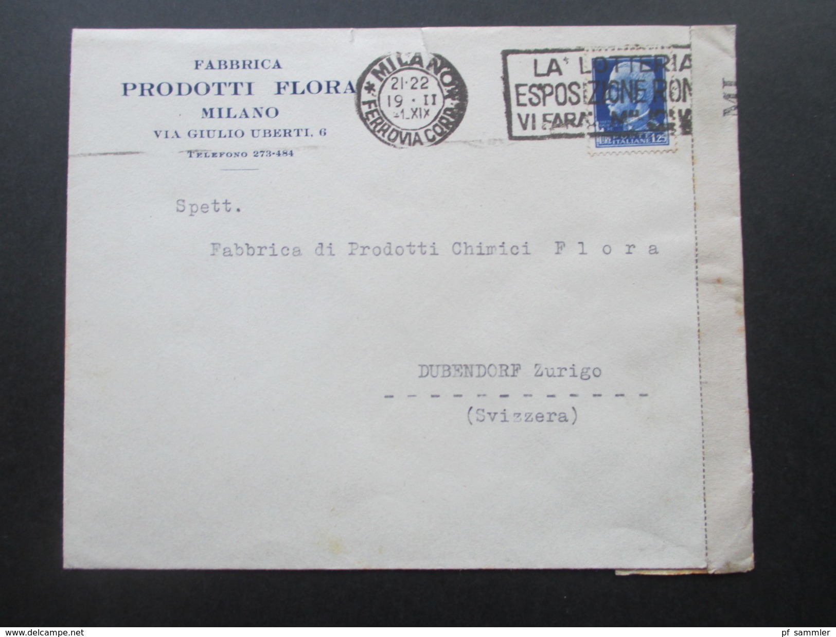 Italien 1941 ?! Zensurpost Nach Dubendorf Schweiz. MI Verificato Per Censura 129. Fabrica Prodotti Flora Milano - Kriegspropaganda