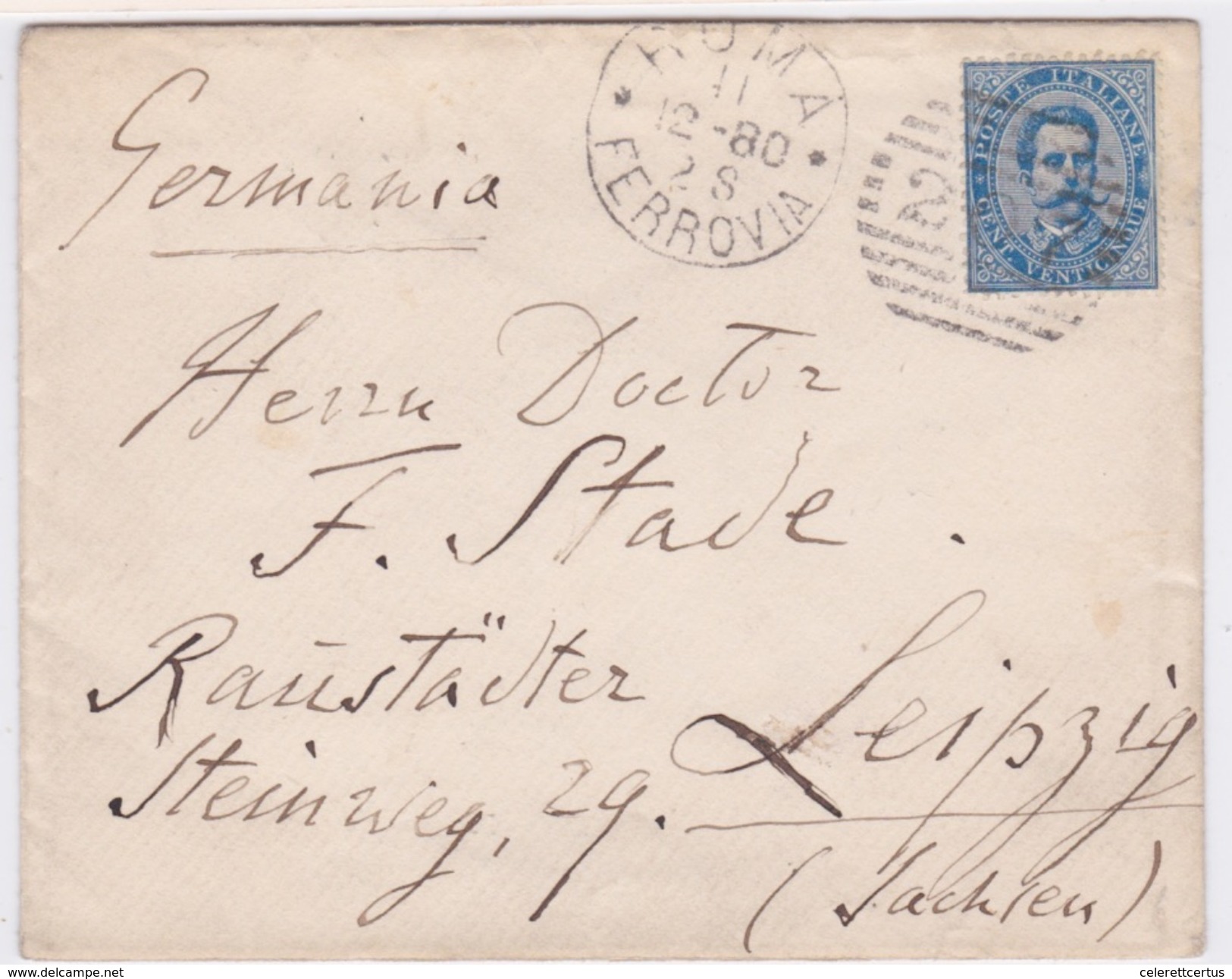 Italy-1880 25 Cents Deep Blue On Rome Duplex Postmarked Cover To Leipzig, Germany - Storia Postale