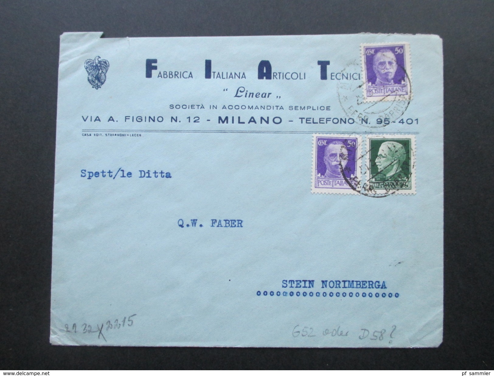 Italien 1940 ?! Zensurpost Nach Stein Norimberga. FIAT / Fabrica Italiana Articoli Tecnici. OKW Geöffnet - Oorlogspropaganda