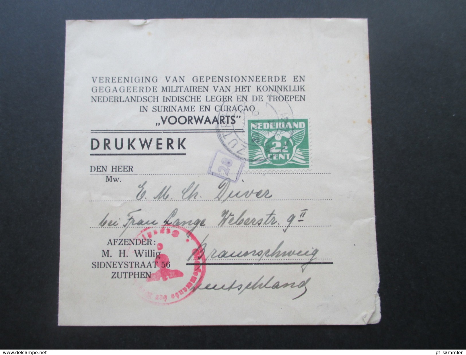 Niederlande 1941 Streifband / Zensurpost Roter Zensurstempel. OKW. Zutphen - Braunschweig. Voorwaarts - Lettres & Documents