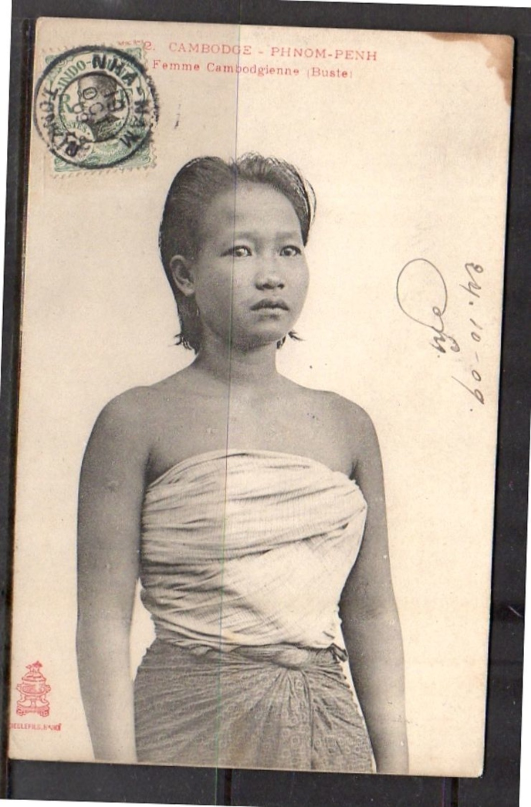 Indochina Cambodia Phnom-Penh 1909 Scarce Cancel NHA-NAM Young Woman (11-56) - Cambodge