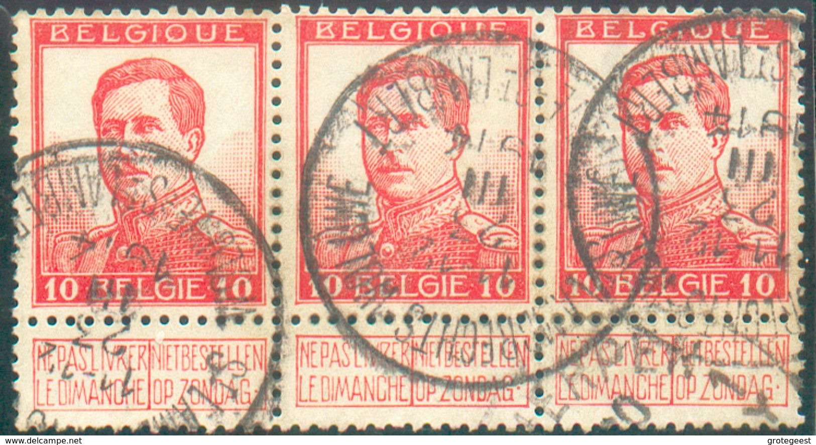 10 Centimes PELLENS  (bande De Trois)  Obl. ST LAMBRECHTS-WOLUWE / WOLUWE-ST LAMBERT T4RB .  Zeldzame - 12133 - 1912 Pellens