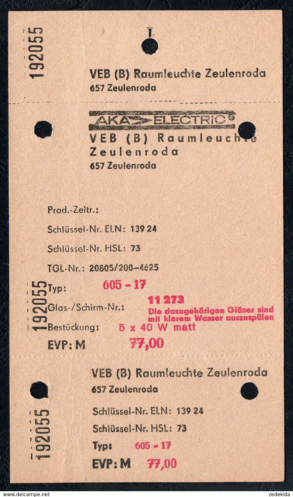 A6207 - Alter Beleg - Raumleuchten Zeulenroda - Rechnung - AKA Electric - Zeulenroda