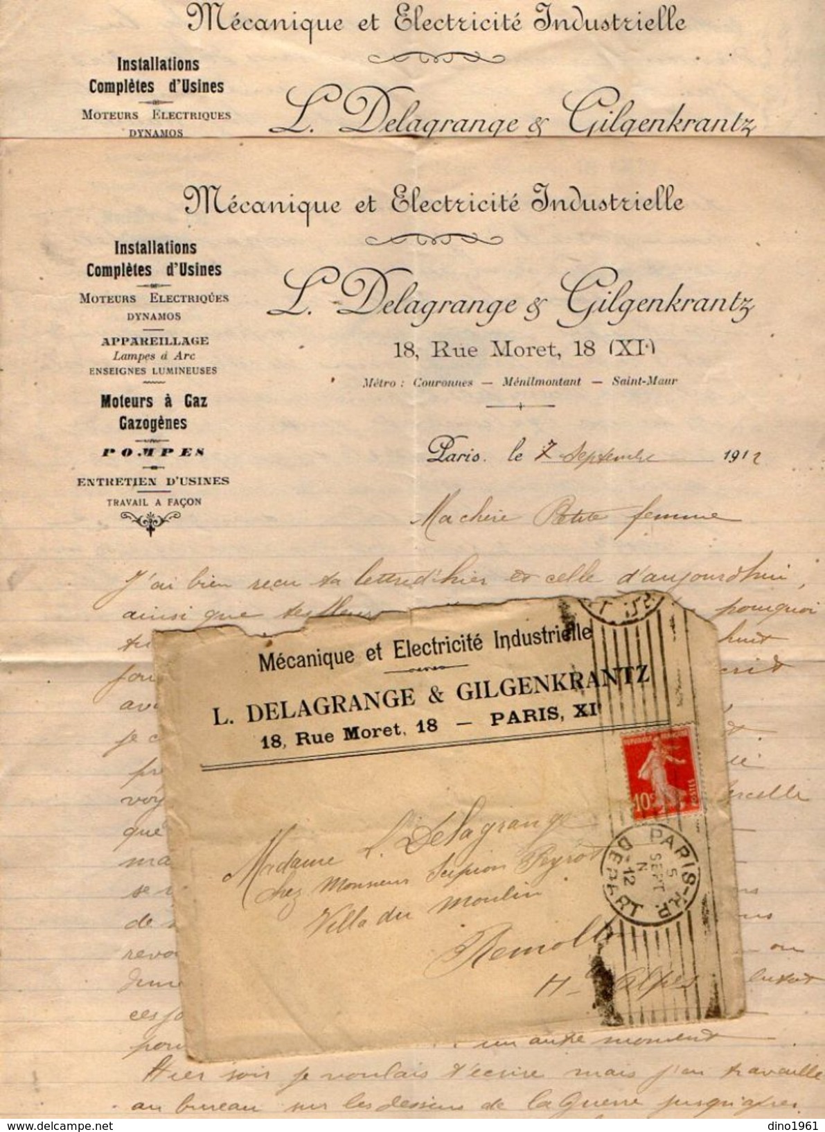 VP10.710 - Enveloppe & 2 Lettres - Mécanique Et Electricité Industrielle L. DELAGRANGE & GILGENKRANTZ à PARIS Rue Moret - Elettricità & Gas