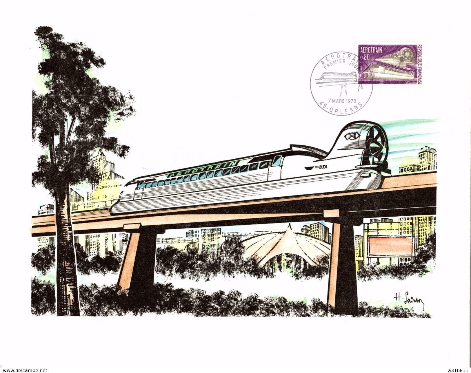 Souvenir Philatelique  Format 21x27  Dessin  Huguette Sainson   Cachet 1 Er Jour  AEROTRAIN 45 ORLEANS - Epreuves D'artistes