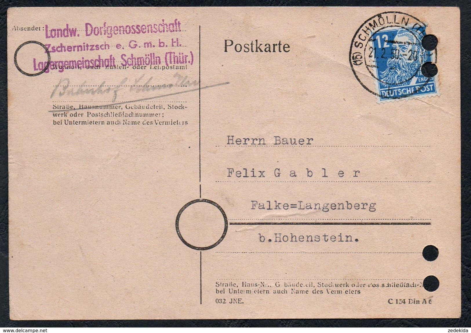A6215 - Alte Postkarte - Bedarfspost - Schmölln - Landw. Dorfgenossenschaft - Nach Falke Langenberg 1950 - Schmölln