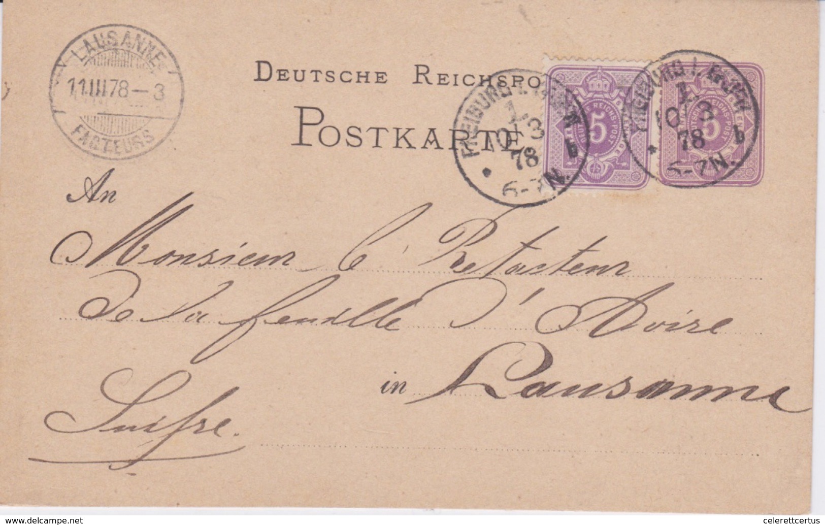 Germany-1878 Uprated 5 Pf Violet PS Postcard Cover Cancelled With Single Circle 22mm Freiburg Postmark To Switzerland - Storia Postale