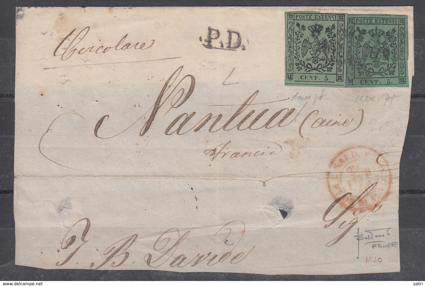 Ducato Di Modena (1856) - FRODE POSTALE Con Riutilizzo Di Due Metà Di Due Diversi Francobolli  Da 5 Cent. (periziata) - Modena