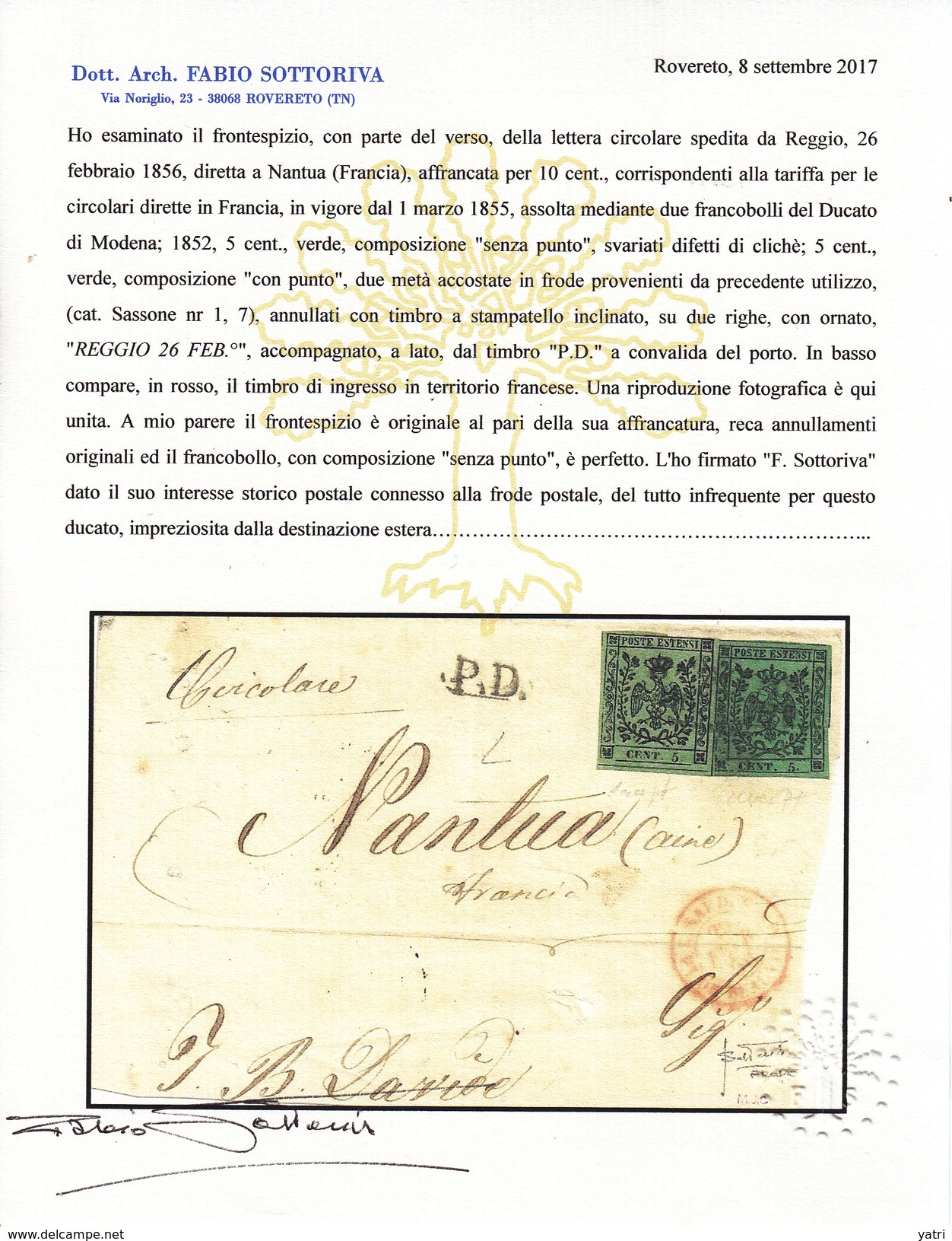 Ducato Di Modena (1856) - FRODE POSTALE Con Riutilizzo Di Due Metà Di Due Diversi Francobolli  Da 5 Cent. (periziata) - Modena