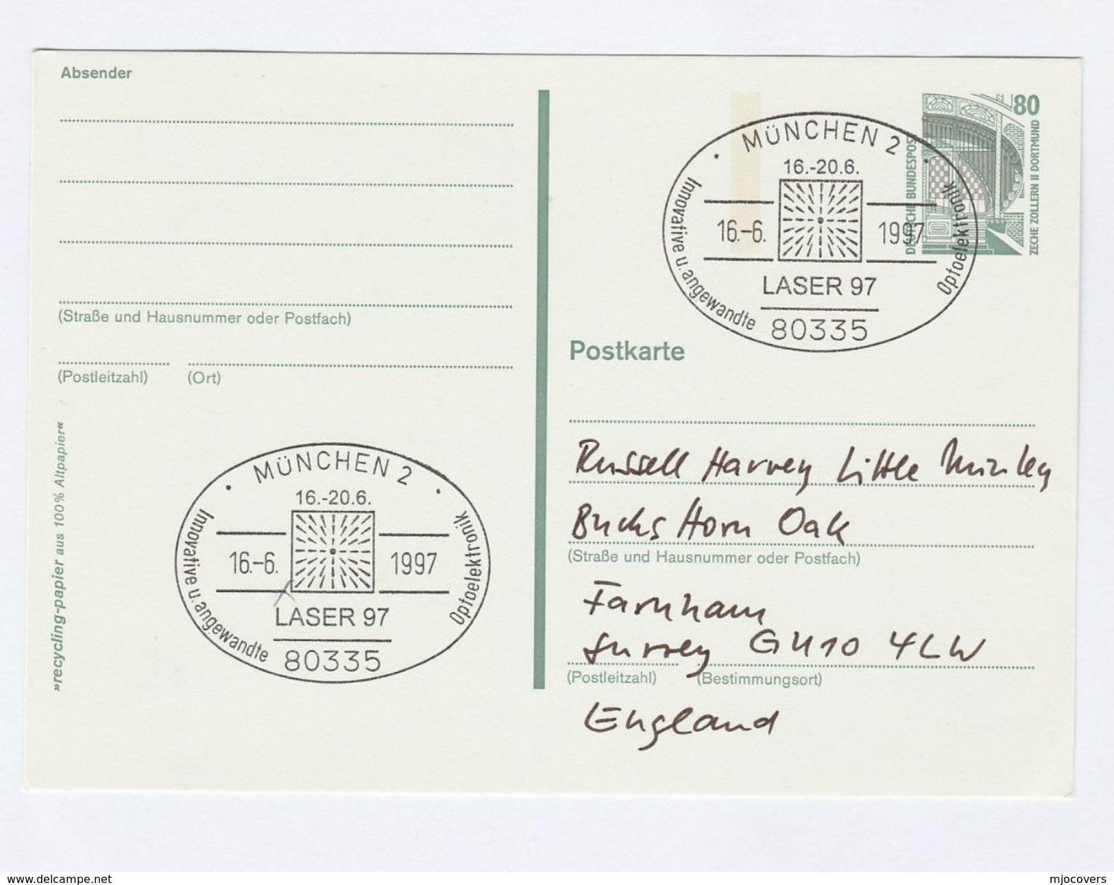 1997 GERMANY COVER EVENT Pmk LASER 97 APPLIED OPTOELECTRONICS Postal Stationery Card Stamps Physics - Physik