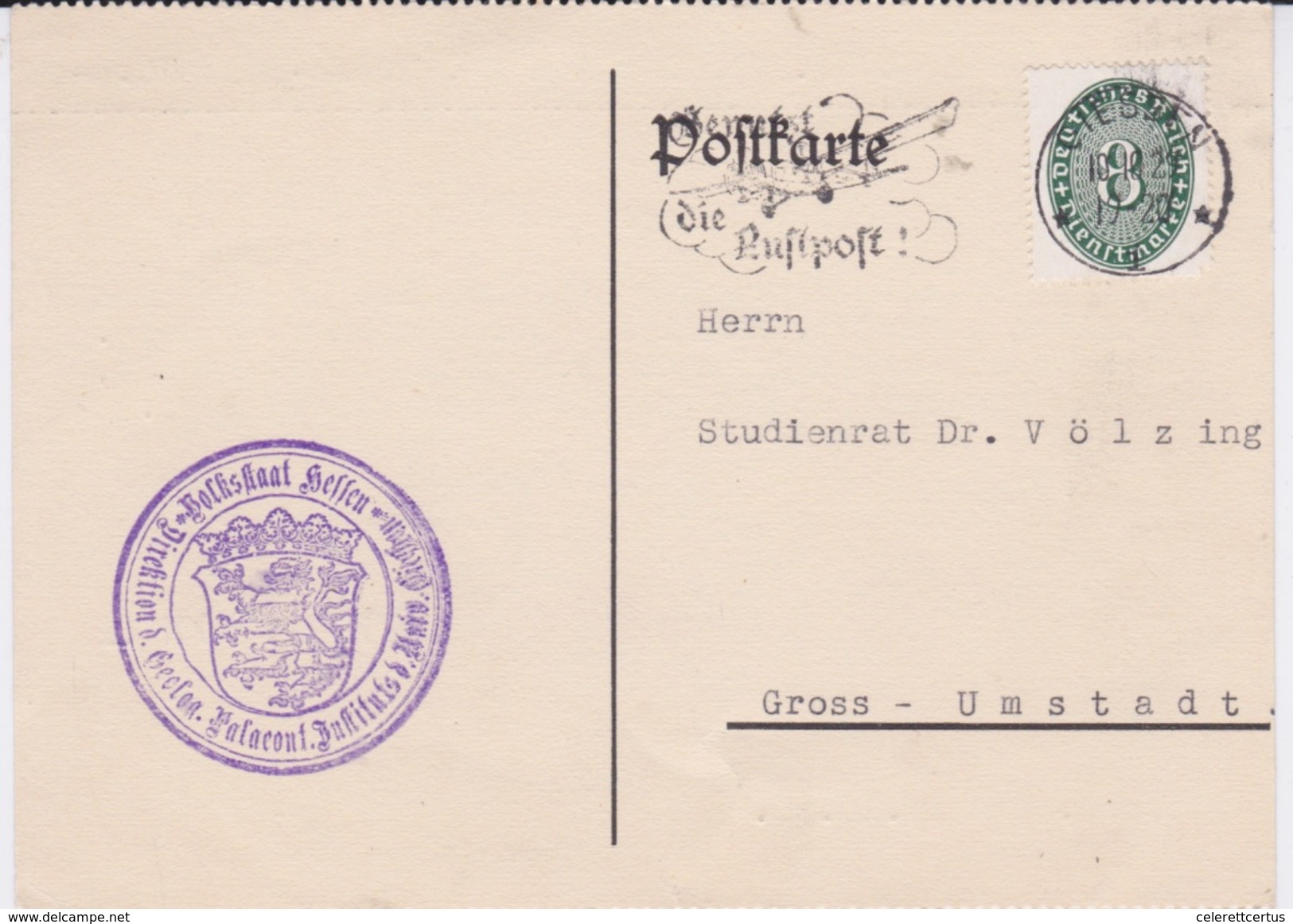 Germany-1929 Postage Paid 8 Pf Green On Official Postcard Cover Sent From Giessen To Gross-Umstadt. - Storia Postale