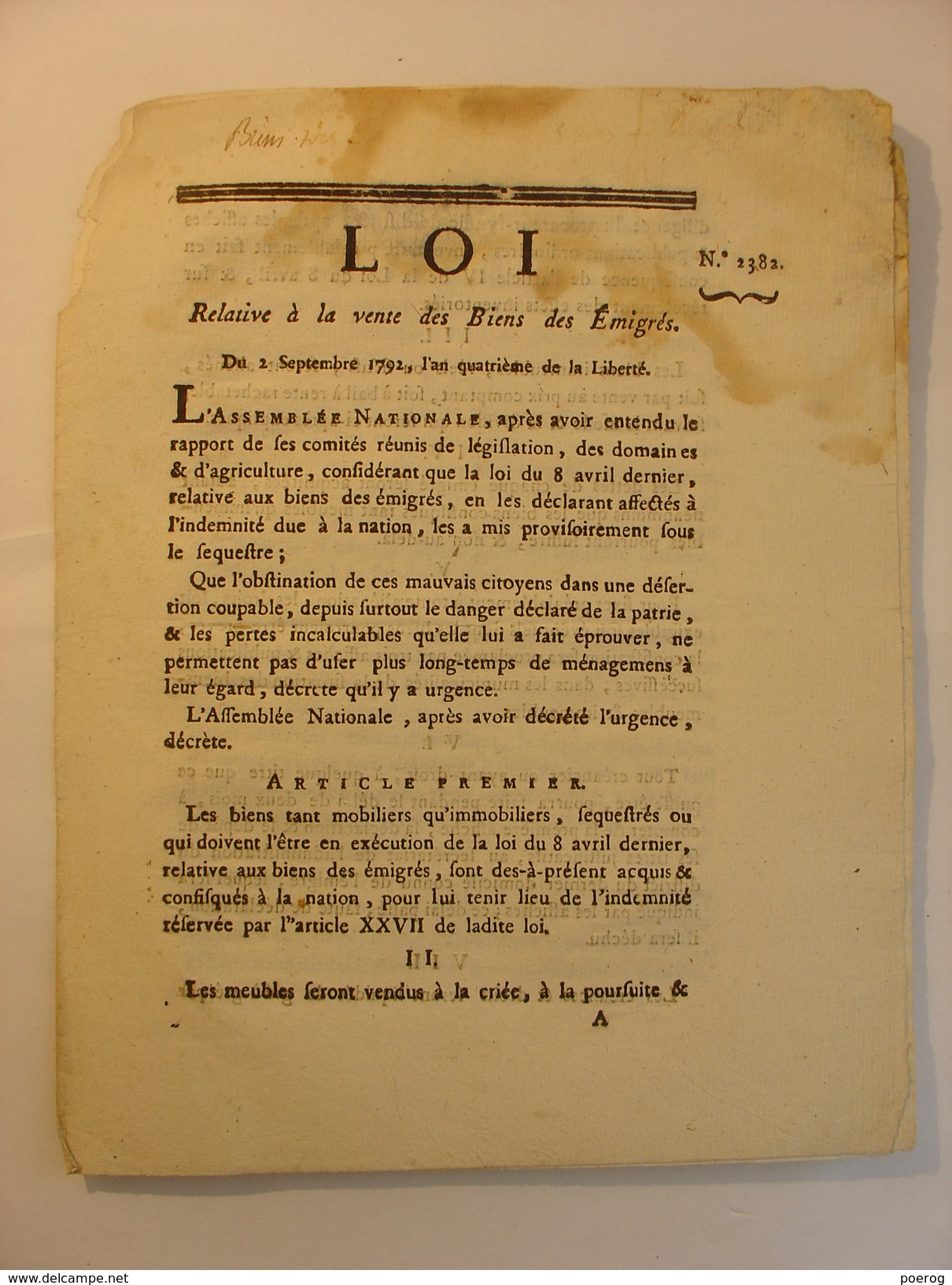 LOI N°2382 Du 2 SEPTEMBRE 1792 - RELATIVE A LA VENTE DES BIENS DES EMIGRES - CLERMONT FERRAND IMPRIMERIE DELCROS - Gesetze & Erlasse