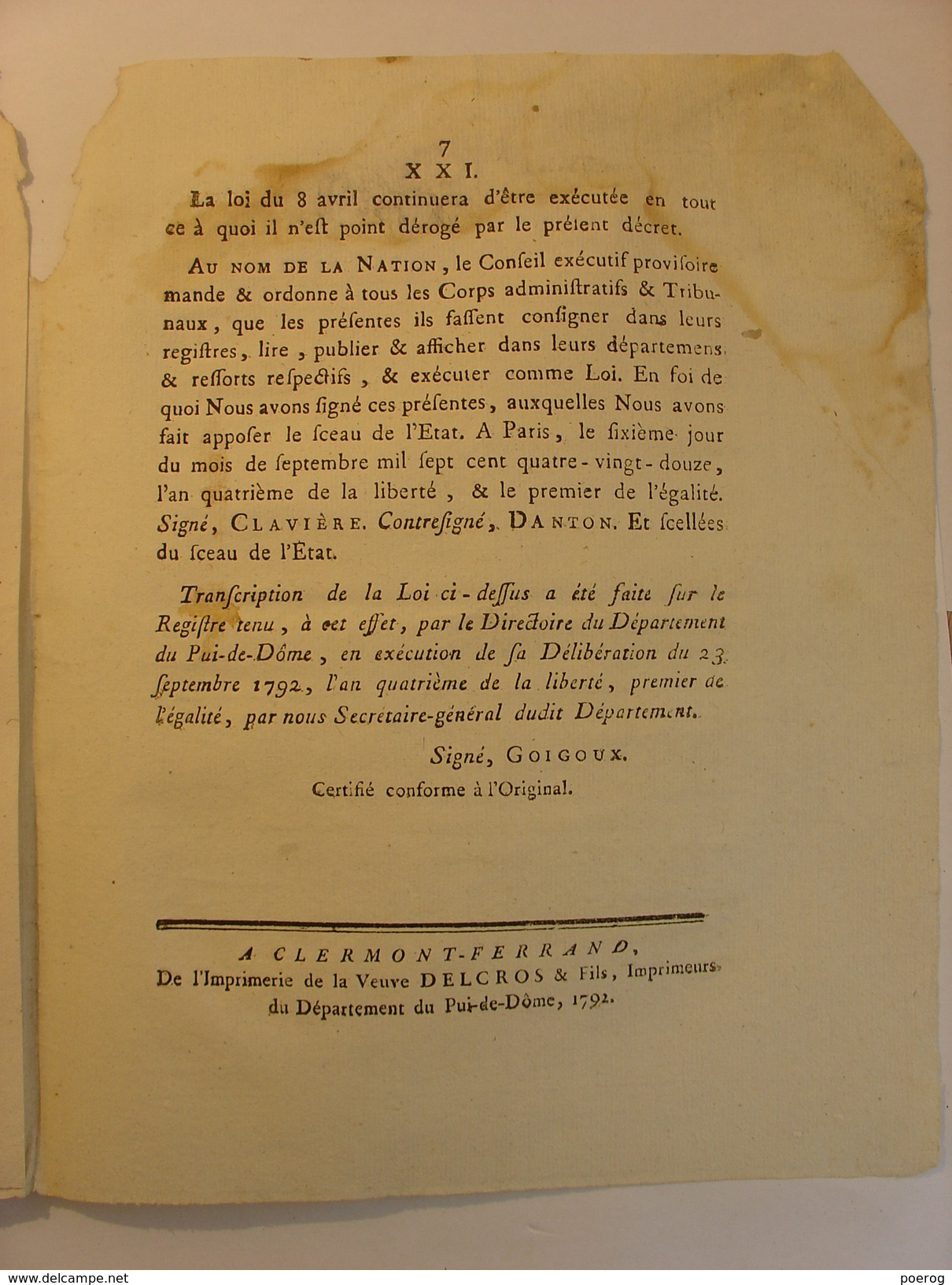 LOI N°2382 Du 2 SEPTEMBRE 1792 - RELATIVE A LA VENTE DES BIENS DES EMIGRES - CLERMONT FERRAND IMPRIMERIE DELCROS - Decrees & Laws