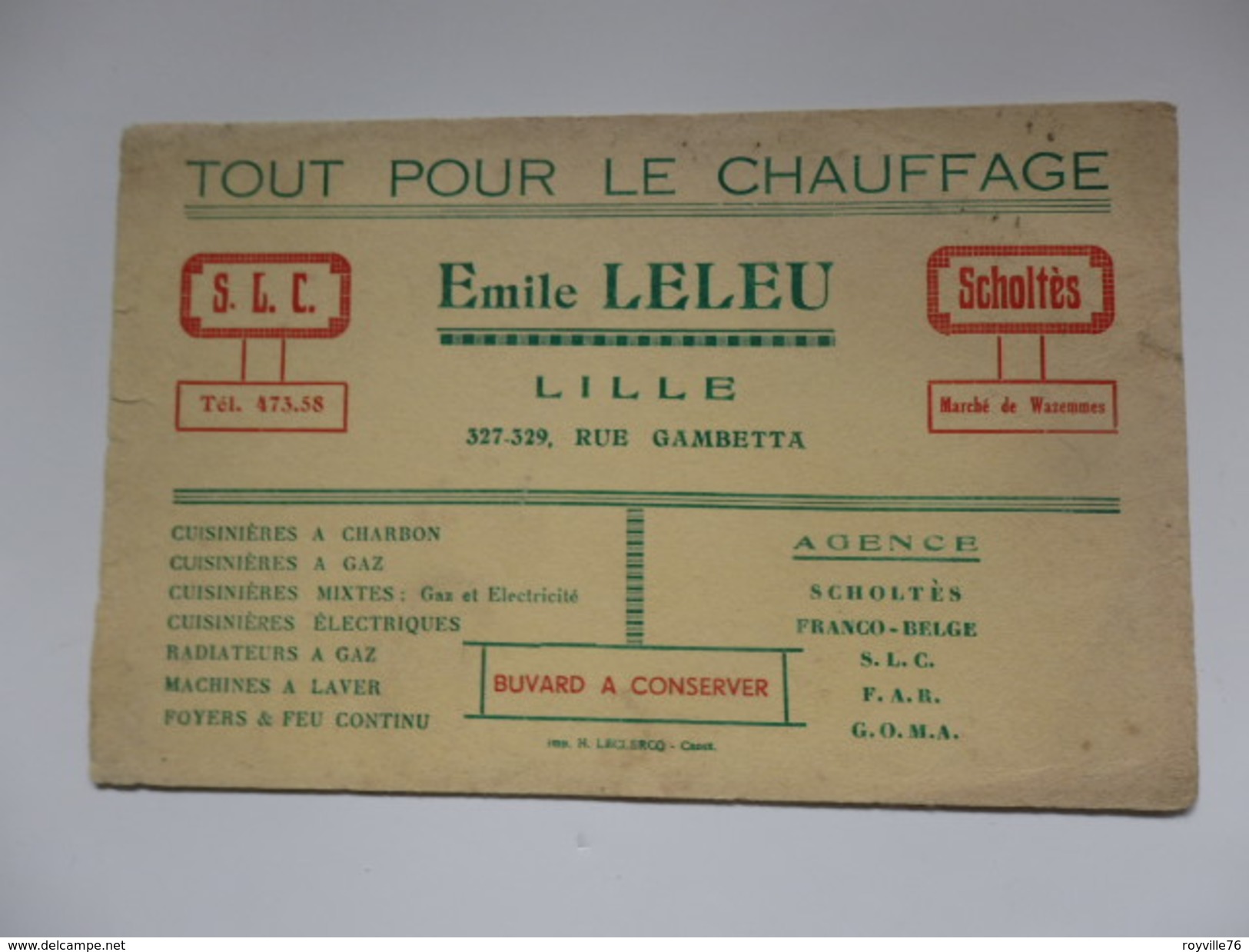 Buvard "Tout Pour Le Chauffage" Emile Leleu 327-329, Rue Gambetta à Lille (59). - C