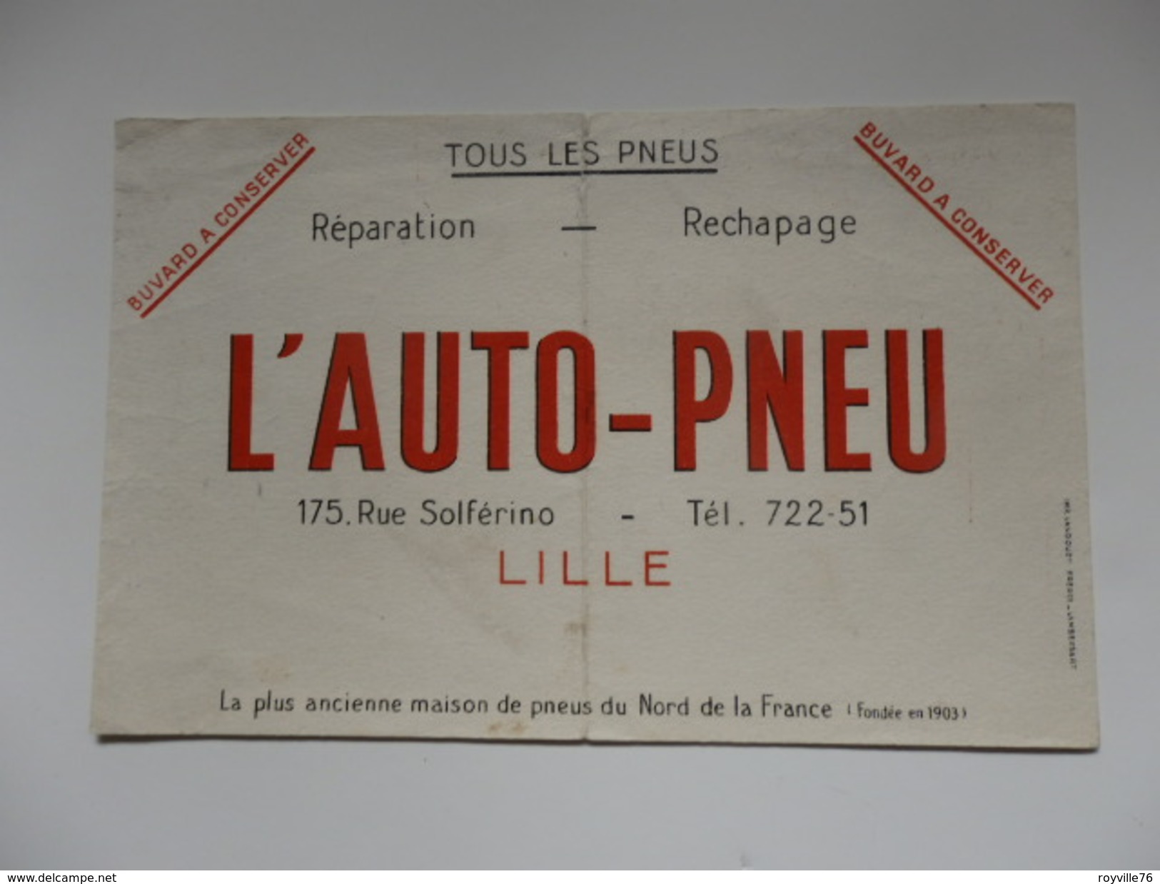 Buvard Sur L'auto-pneu 175, Rue Solférino à Lille (59). - Automobile