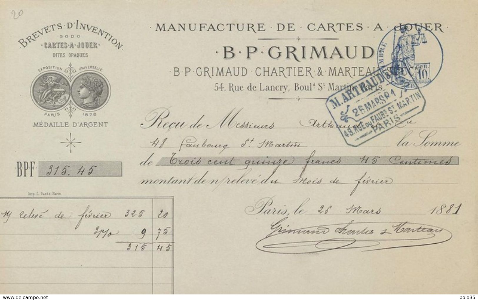 75. Paris. Manufacture De Carte Sà Jouer B. P. Grimaud.Brevets D'invention S.G.D.G. - 1881 - VR_C2_36 - 1800 – 1899