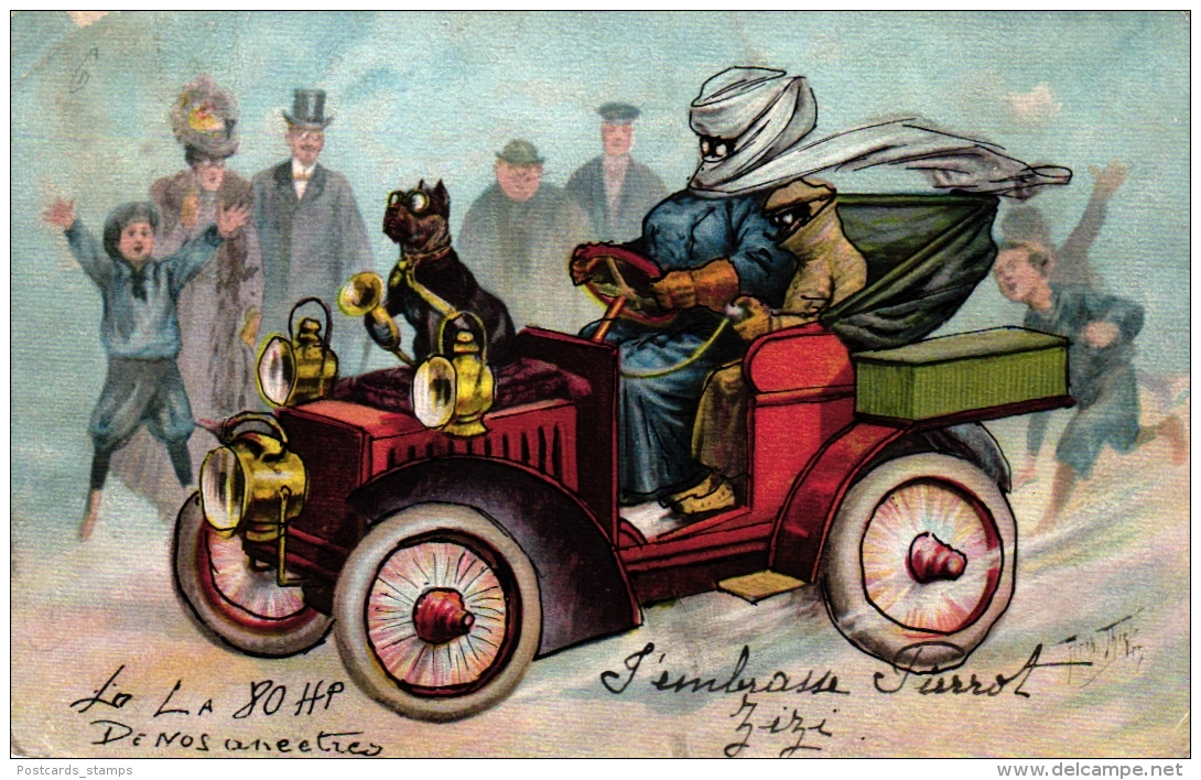 Automobil, Autofahrer, Hund, Sign. Arthur Thiele, 1908 - Thiele, Arthur