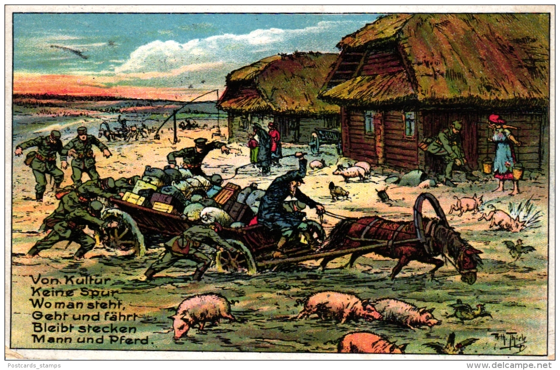 1. WK, Fuhrwerk, Schweine, Soldaten, Sign. Arthur Thiele, 1916 - Thiele, Arthur