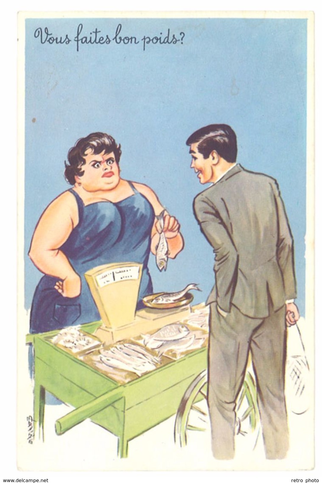 Cpsm Signée Carrière - Vous Faites Le Bon Poids ? ( Femme Obèse, Balance, Marché, Poisson ) - Carrière, Louis