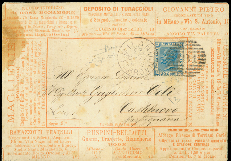 Busta Parlante (con Numero Di Serie) -Sass.n.2- Spedita Da Milano A Castelnuovo Garfagnana In Data 23 Maggio 1877 E Affr - Sonstige & Ohne Zuordnung