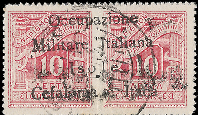 ITACA Segnatasse, Soprastampa "O" Maiuscola. Raro Esemplare In Coppia Da 10l. (n.8), Annullato. Firma Penco E Certificat - Autres & Non Classés